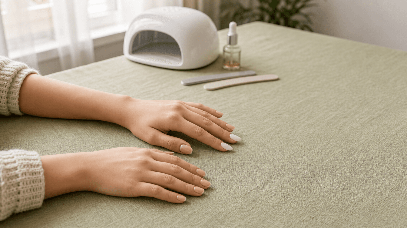 Gel vs acrylic nails: a woman's two hands resting on a sage-green table, one with short sheer pink nails and one with longer milky-white tips, beside a nail lamp and cuticle oil