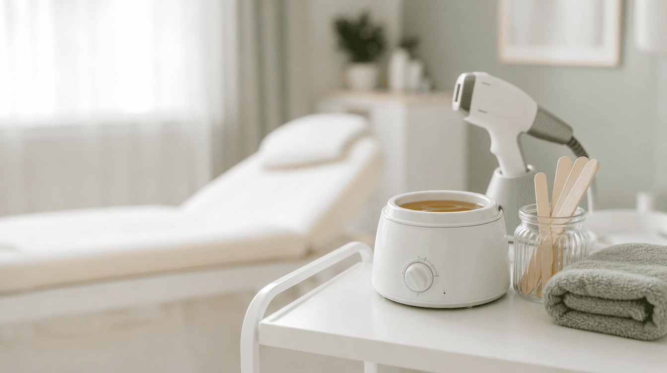 Laser hair removal vs waxing: a wax warmer, wooden spatulas and a laser handpiece on a trolley in a bright treatment room