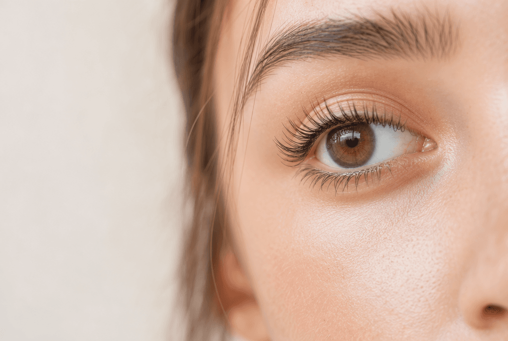 Close-up of a woman's eye with lifted, curled natural lashes