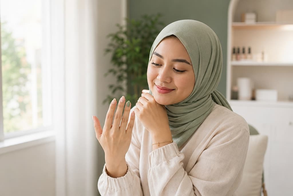 Smiling woman admiring her fresh gel manicure in a bright nail studio
