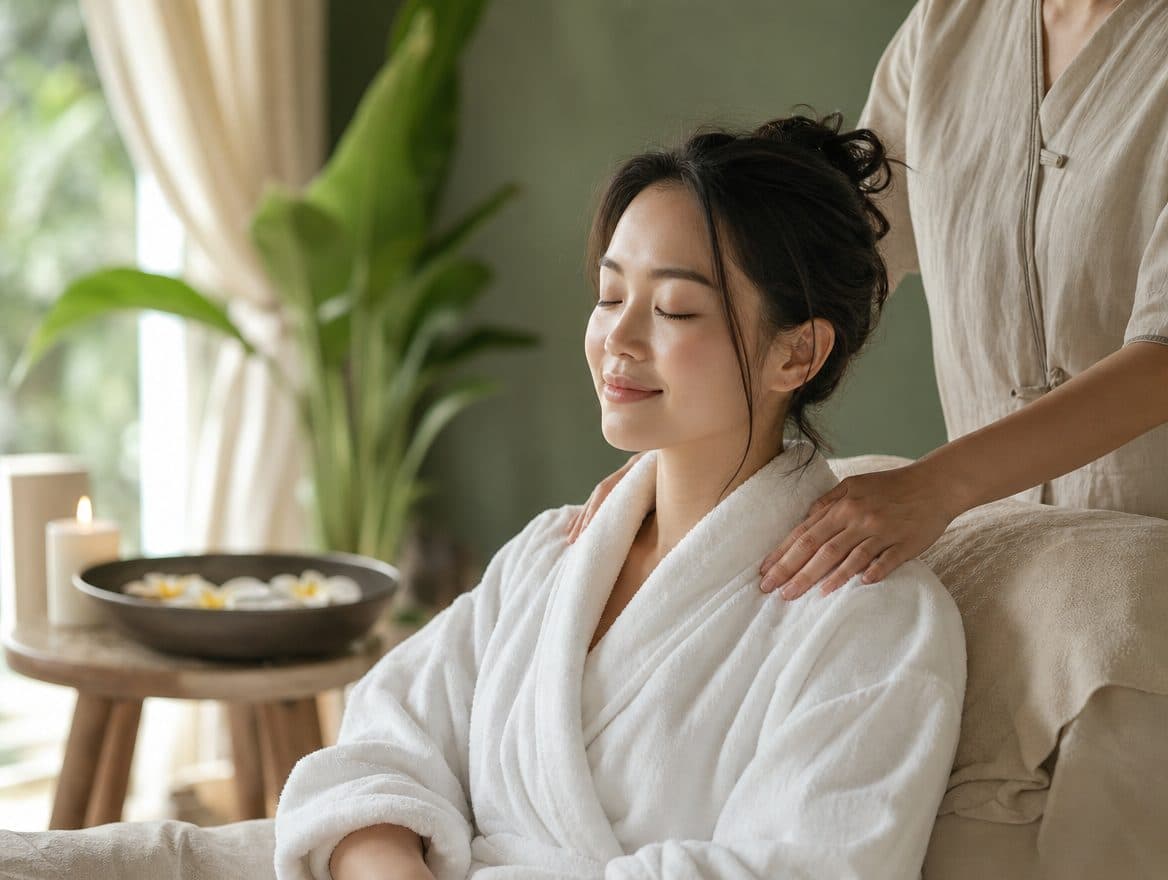 Woman relaxing in a spa robe during a shoulder massage at a Singapore day spa